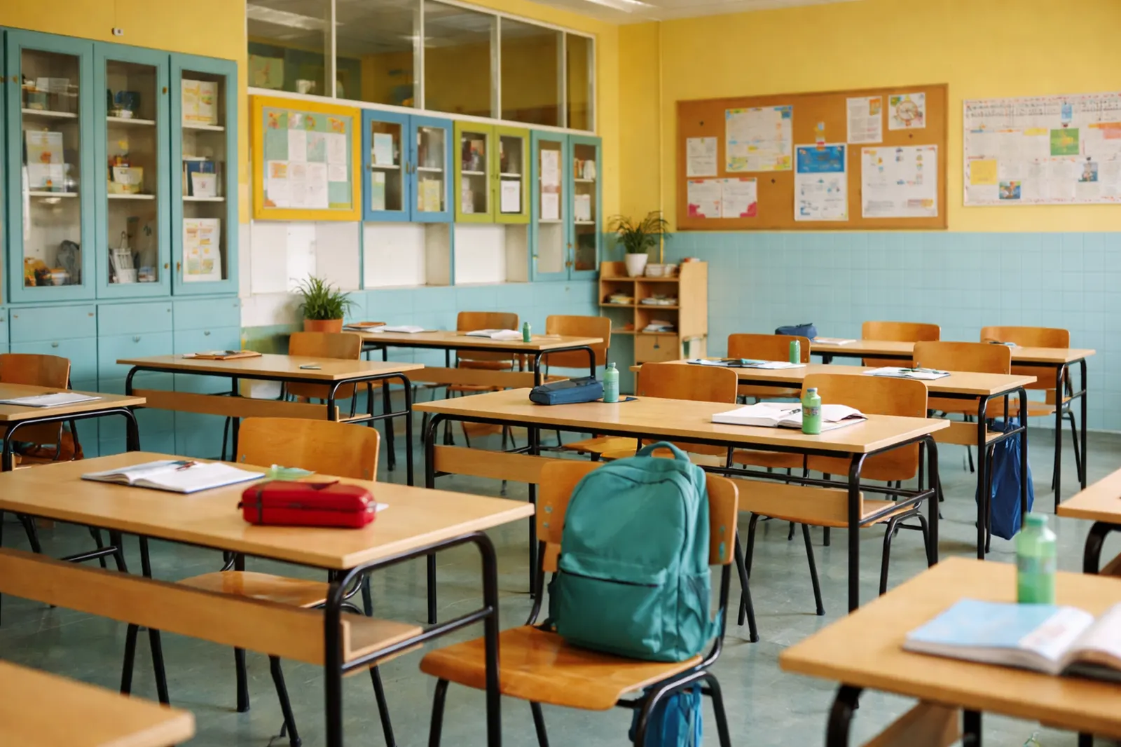 Ein leeres Klassenzimmer nach dem Unterricht, verlassene Tische und ein zurückgelassener Rucksack