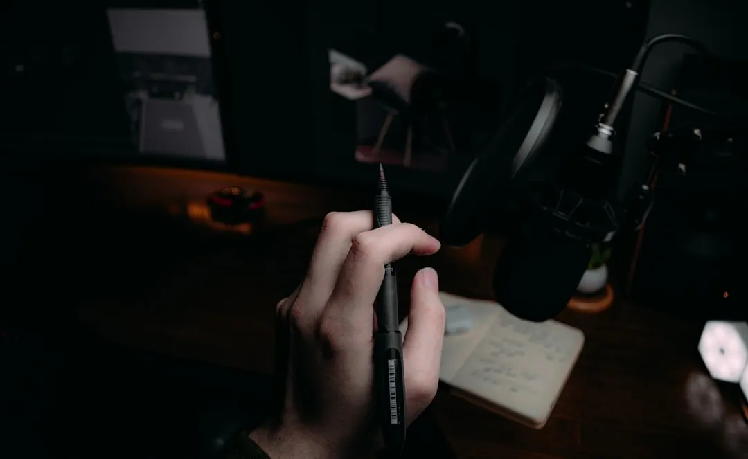 Eine Hand mit Stift über einem Notizbuch im Dunkeln